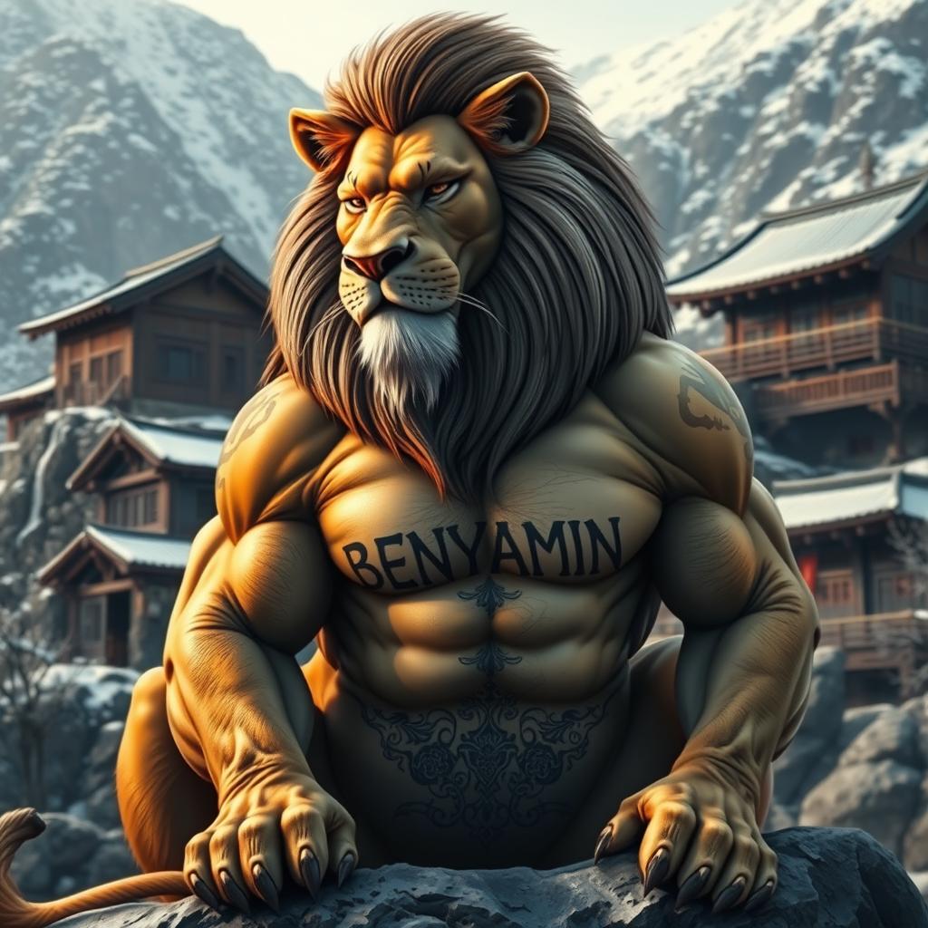 A strong, muscular lion with an impressive six-pack and intricate tattoo of the name 'BENYAMIN' on its body, sitting majestically in a cold mountainous environment