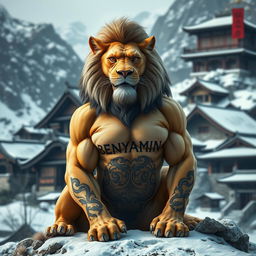 A strong, muscular lion with an impressive six-pack and intricate tattoo of the name 'BENYAMIN' on its body, sitting majestically in a cold mountainous environment