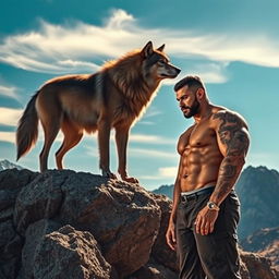 A fierce wolf standing majestically on a rocky hill, gazing intently into the distance