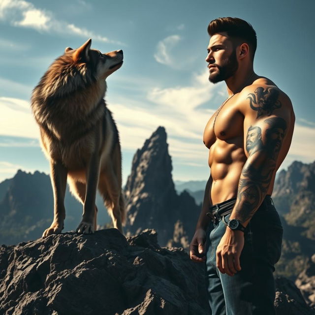 A fierce wolf standing majestically on a rocky hill, gazing intently into the distance