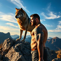 A fierce wolf standing majestically on a rocky hill, gazing intently into the distance
