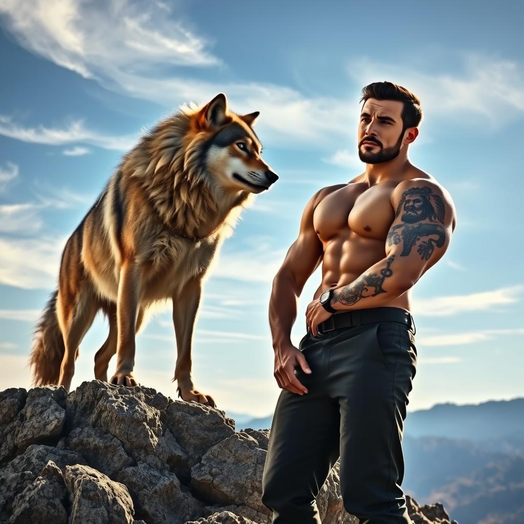 A fierce wolf standing majestically on a rocky hill, gazing intently into the distance