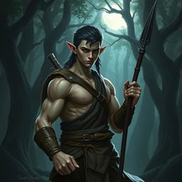 A young elf monk with large muscles and a somber yet non-intimidating appearance