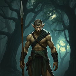 A young elf monk with large muscles and a somber yet non-intimidating appearance