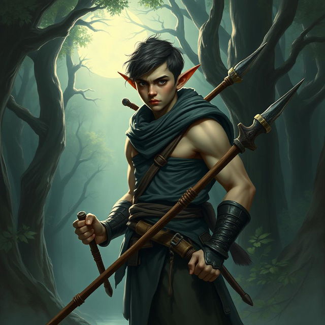 A young elf monk with large muscles and a somber yet non-intimidating appearance