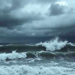 A dramatic seascape featuring large, powerful waves crashing against the shore under a tumultuous sky filled with dark, ominous clouds