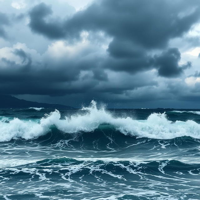 A dramatic seascape featuring large, powerful waves crashing against the shore under a tumultuous sky filled with dark, ominous clouds