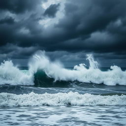 A dramatic seascape featuring large, powerful waves crashing against the shore under a tumultuous sky filled with dark, ominous clouds