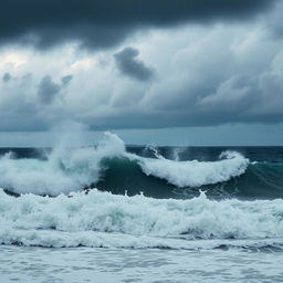 A dramatic seascape featuring large, powerful waves crashing against the shore under a tumultuous sky filled with dark, ominous clouds