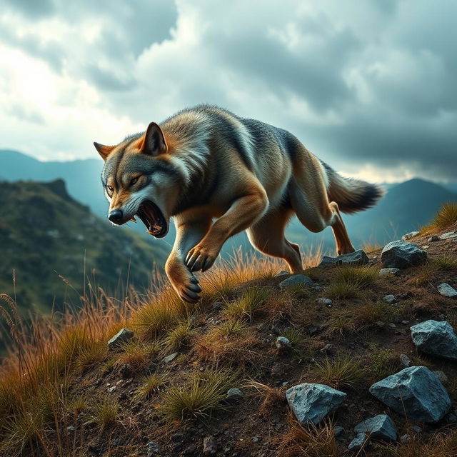 A thrilling scene featuring a fierce wolf attacking on a hillside with dramatic action