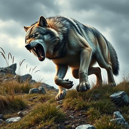 A thrilling scene featuring a fierce wolf attacking on a hillside with dramatic action