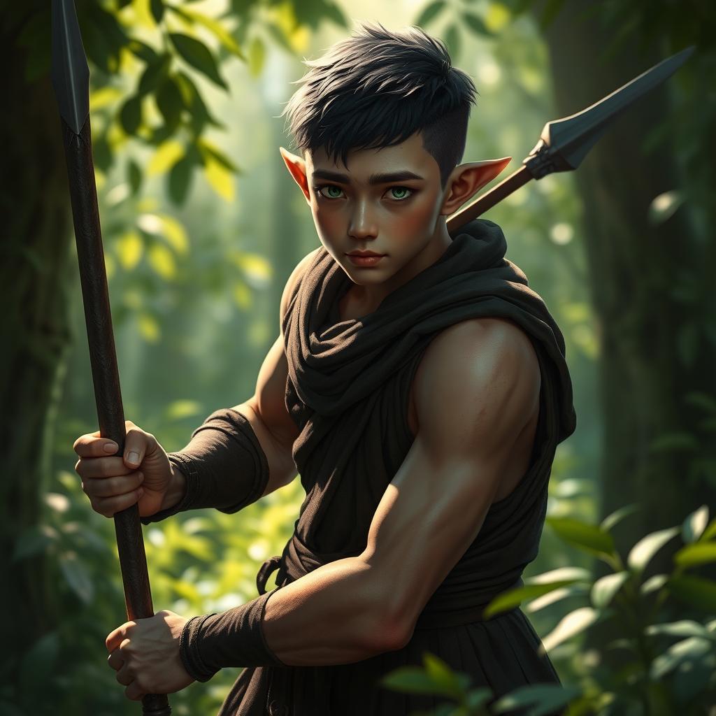 A young elven monk with very short hair and large muscles, exuding a dark yet non-intimidating appearance