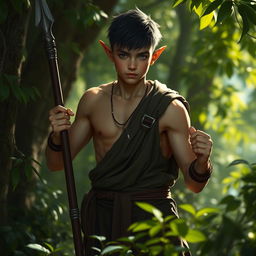 A young elven monk with very short hair and large muscles, exuding a dark yet non-intimidating appearance