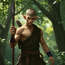 A young elven monk with very short hair and large muscles, exuding a dark yet non-intimidating appearance