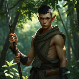 A young elven monk with very short hair and large muscles, exuding a dark yet non-intimidating appearance
