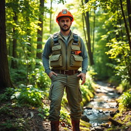 A confident and rugged civil defense man standing in a lush green forest, surrounded by tall trees and vibrant foliage