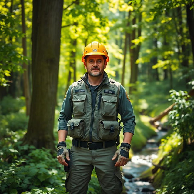 A confident and rugged civil defense man standing in a lush green forest, surrounded by tall trees and vibrant foliage