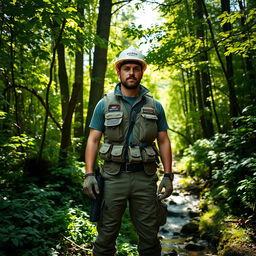A confident and rugged civil defense man standing in a lush green forest, surrounded by tall trees and vibrant foliage