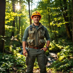 A confident and rugged civil defense man standing in a lush green forest, surrounded by tall trees and vibrant foliage