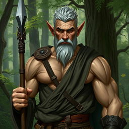 A middle-aged elven monk with very short hair, showcasing large muscles, embodying a dark yet approachable demeanor