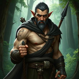 A middle-aged elven monk with very short hair, showcasing large muscles, embodying a dark yet approachable demeanor