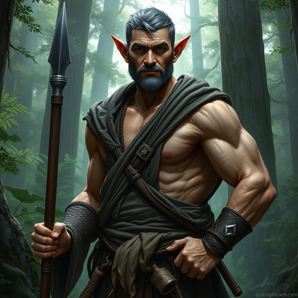 A middle-aged elven monk with very short hair, showcasing large muscles, embodying a dark yet approachable demeanor