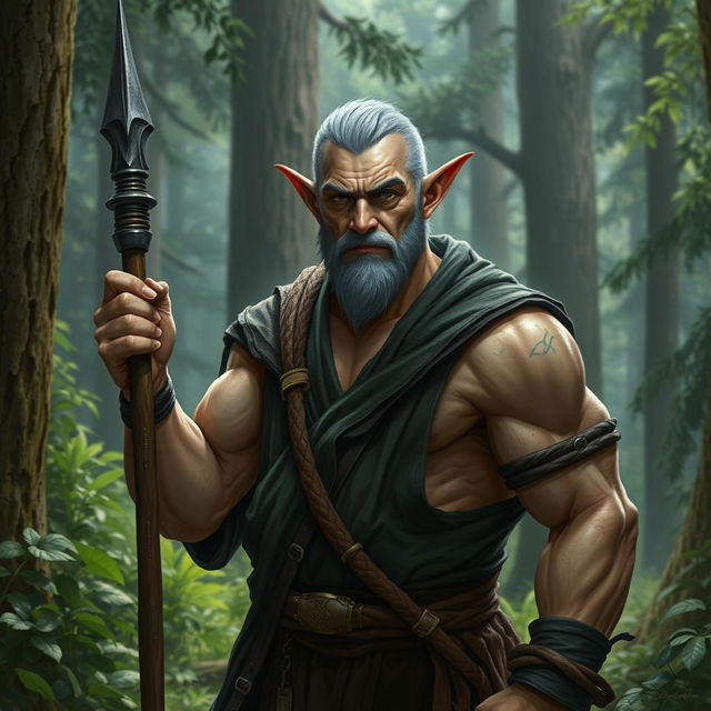 A middle-aged elven monk with very short hair, showcasing large muscles, embodying a dark yet approachable demeanor