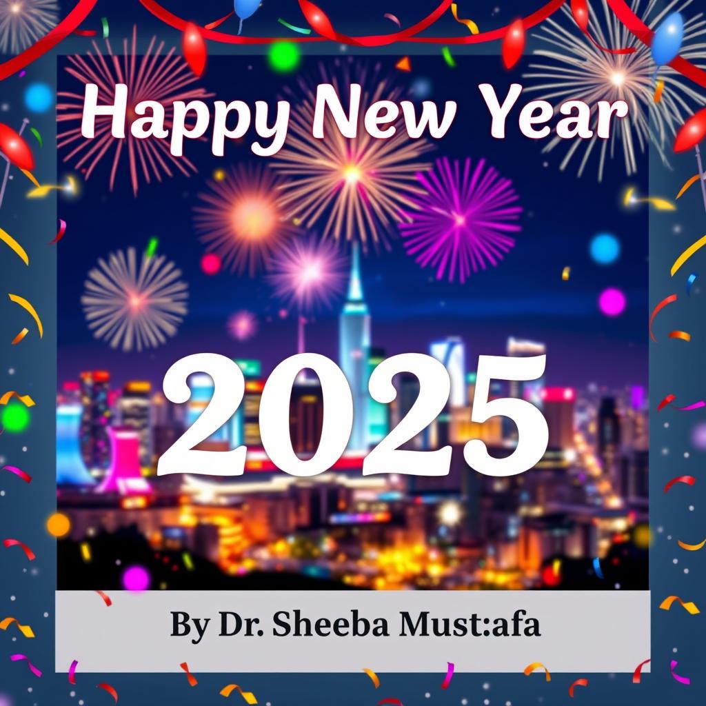 A vibrant and festive New Year 2025 poster featuring celebratory elements like fireworks, confetti, and a cheerful atmosphere