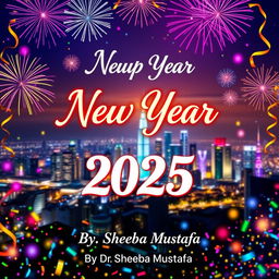 A vibrant and festive New Year 2025 poster featuring celebratory elements like fireworks, confetti, and a cheerful atmosphere