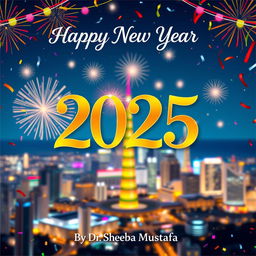 A vibrant and festive New Year 2025 poster featuring celebratory elements like fireworks, confetti, and a cheerful atmosphere