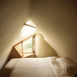 An eccentrically shaped bedroom featuring short walls and one small window, filled with gentle, soft light.