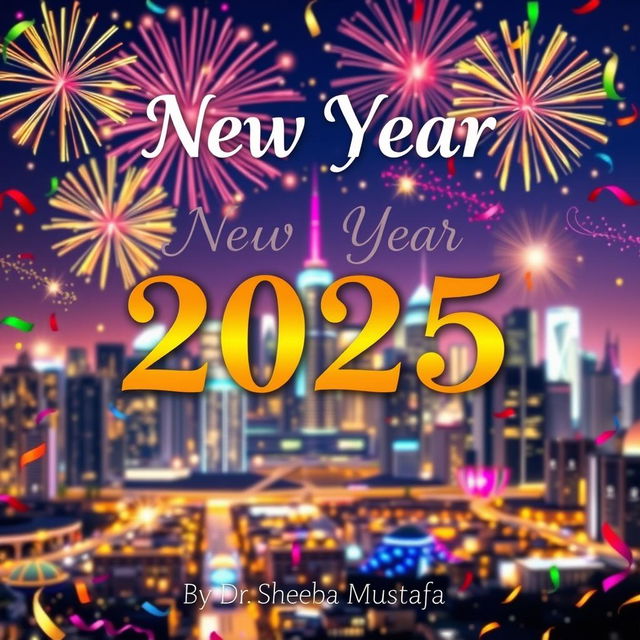 A vibrant and festive New Year 2025 poster featuring celebratory elements like fireworks, confetti, and a cheerful atmosphere