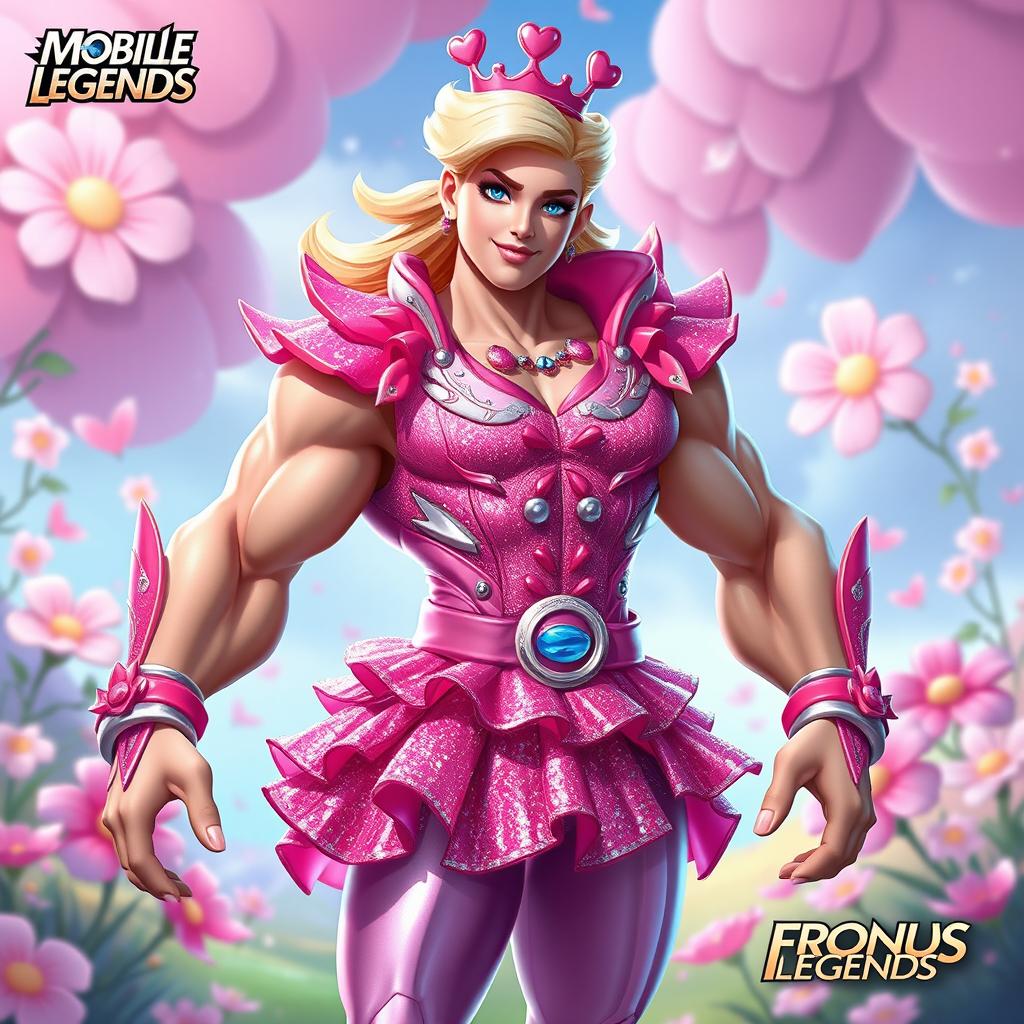 A heroic character inspired by Mobile Legends named Franco, transformed into a whimsical and vibrant Barbie outfit