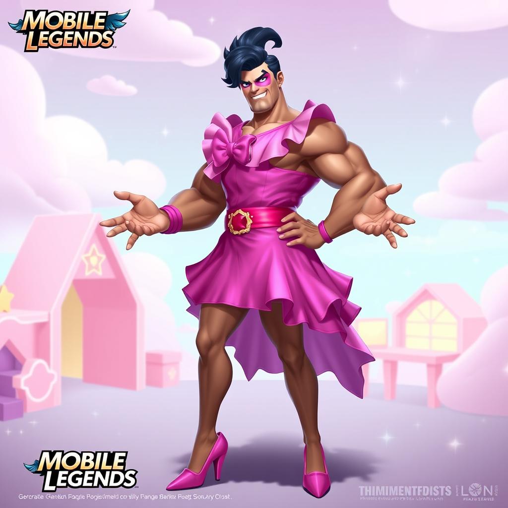 A character design of Franco from Mobile Legends: Bang Bang dressed in a colorful Barbie outfit