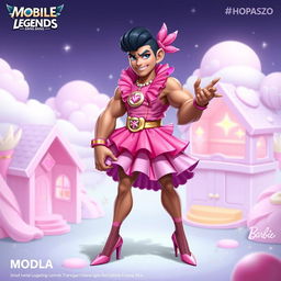 A character design of Franco from Mobile Legends: Bang Bang dressed in a colorful Barbie outfit