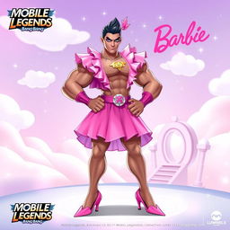 A character design of Franco from Mobile Legends: Bang Bang dressed in a colorful Barbie outfit