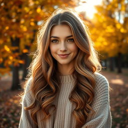 A beautiful young woman with stunning hazel eyes and long wavy hair, now transformed to a warm chestnut brown color