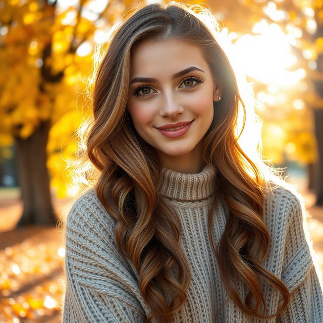 A beautiful young woman with stunning hazel eyes and long wavy hair, now transformed to a warm chestnut brown color