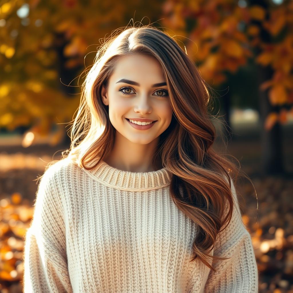 A beautiful young woman with stunning hazel eyes and long wavy hair, now transformed to a warm chestnut brown color