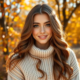 A beautiful young woman with stunning hazel eyes and long wavy hair, now transformed to a warm chestnut brown color