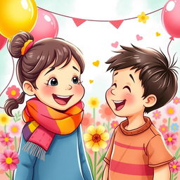 An artistic illustration of a vibrant scene featuring an 8-year-old girl with a cute face wearing a colorful scarf
