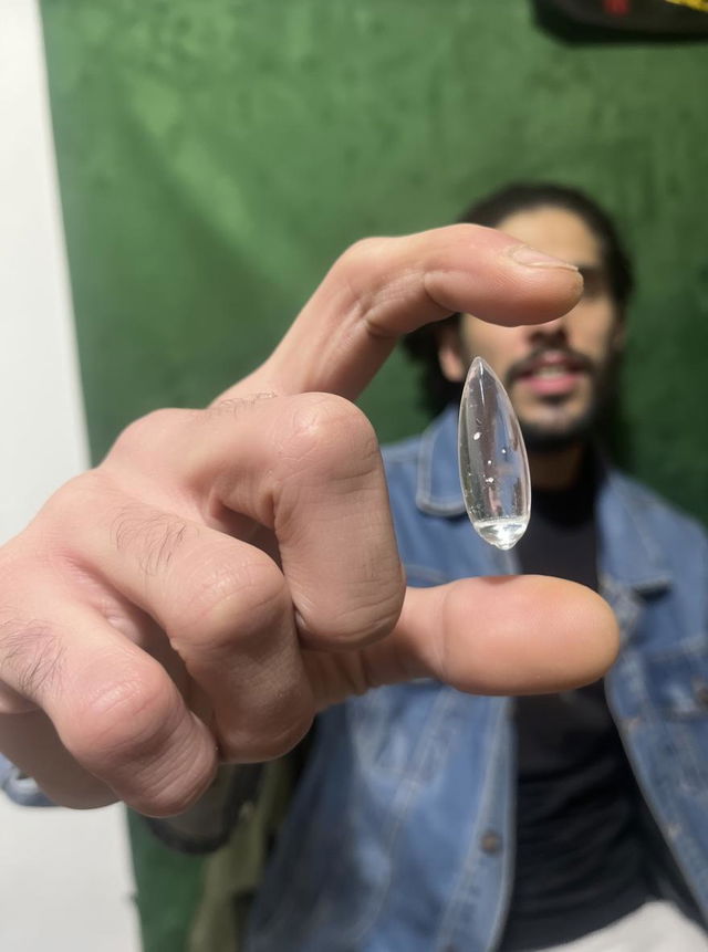 A close-up shot of a hand holding an ice cube, with fingers in a distinctive gesture