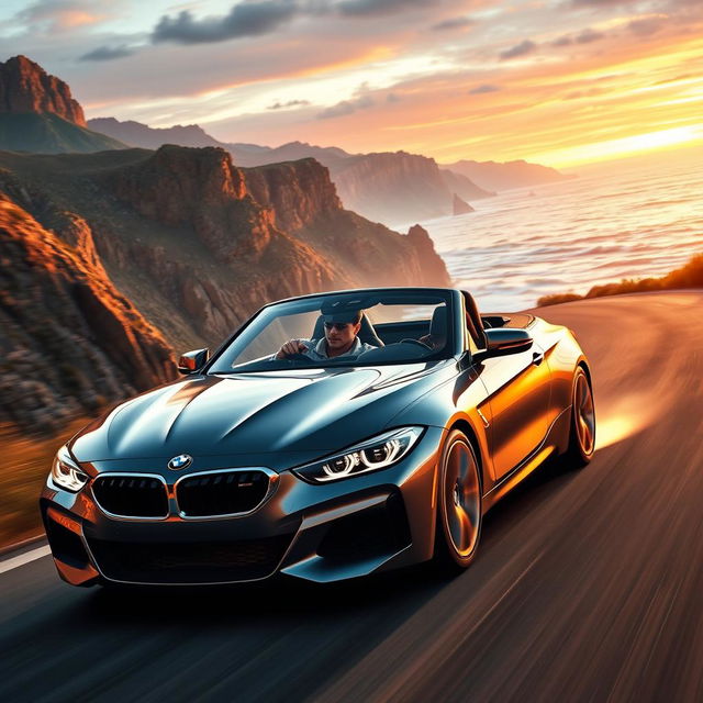 A dynamic scene featuring a famous soccer player resembling Cristiano Ronaldo driving a sleek BMW sports car down a scenic coastal road during sunset