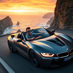 A dynamic scene featuring a famous soccer player resembling Cristiano Ronaldo driving a sleek BMW sports car down a scenic coastal road during sunset