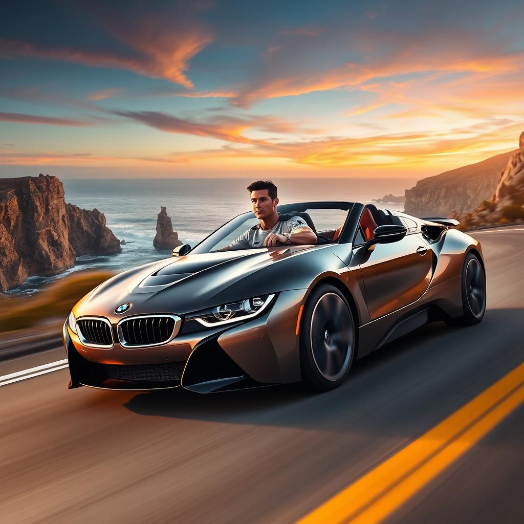 A dynamic scene featuring a famous soccer player resembling Cristiano Ronaldo driving a sleek BMW sports car down a scenic coastal road during sunset