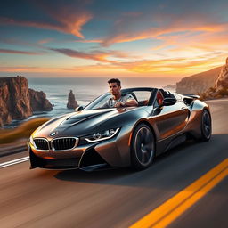 A dynamic scene featuring a famous soccer player resembling Cristiano Ronaldo driving a sleek BMW sports car down a scenic coastal road during sunset