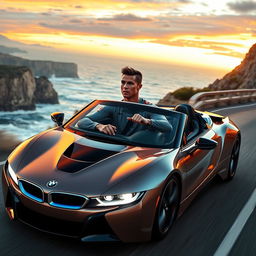 A dynamic scene featuring a famous soccer player resembling Cristiano Ronaldo driving a sleek BMW sports car down a scenic coastal road during sunset