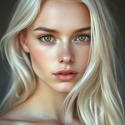 A beautiful young woman with almost white hair featuring a subtle golden sheen, cascading softly over her shoulders