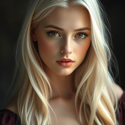 A beautiful young woman with almost white hair featuring a subtle golden sheen, cascading softly over her shoulders