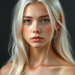 A beautiful young woman with almost white hair featuring a subtle golden sheen, cascading softly over her shoulders
